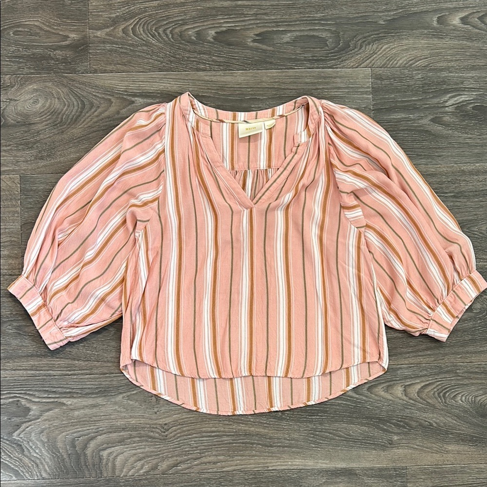 Maeve Medium Anthropologie Blouse Pink Brenda Top Balloon Sleeve Stripes Preppy